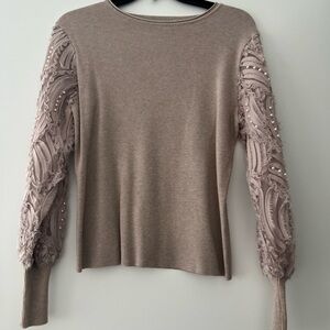 Milano Taupe Blouse with Embellished Sleeves